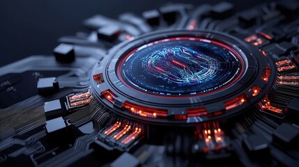 A computer chip with a red and blue circle in the middle