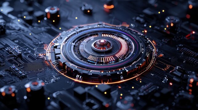 A computer chip with a glowing red circle in the center