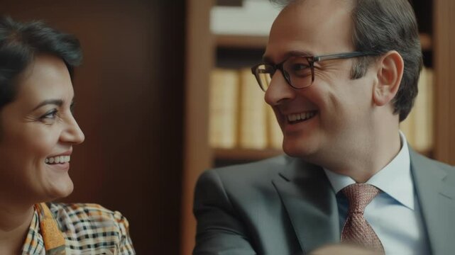Captured midlaugh a diplomat and a colleague exchange a lighthearted jest their eyes sparkling with camaraderie. The backdrop softly out of focus reveals a cozy office filled with rich