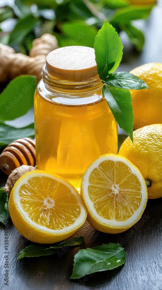Poster a jar of honey is on a table with a lemon and a leaf