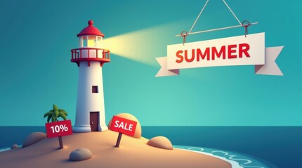 Summer sale announcement at a scenic lighthouse tropical island digital illustration calm ocean aerial perspective