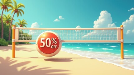 Beach volleyball summer sale 50% off beach sports gear coastal paradise digital art vibrant atmosphere