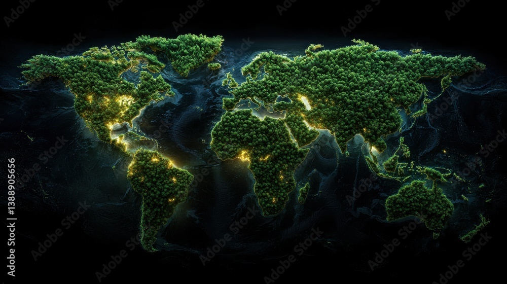 Aufkleber a map of the world is covered in trees and lit up at night
