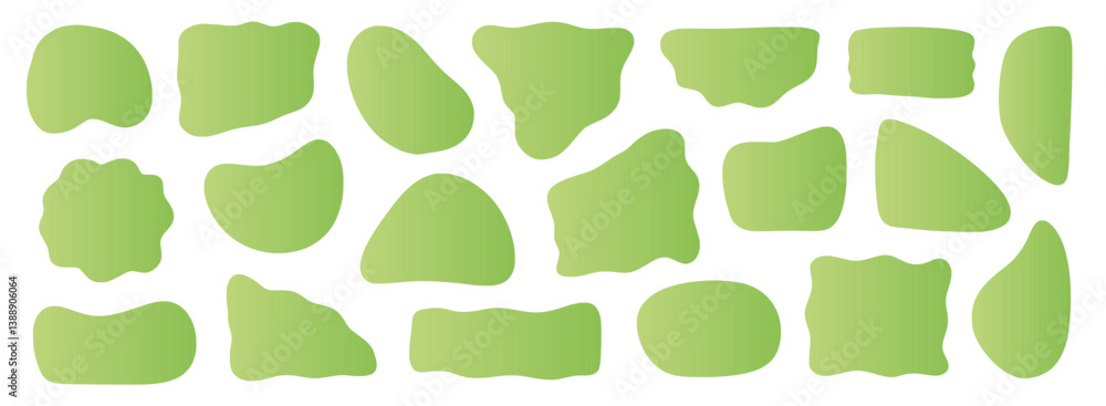 Poster Abstract organic shape round form set. Green color liquid organic blob curve shape figure. Abstract liquid bubble, wavy different form. Soft round oval pattern background. Vector illustration