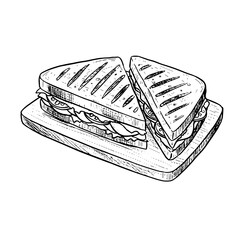 Sketch illustration of panini sandwich black and white cafe lunch food [with copy space]