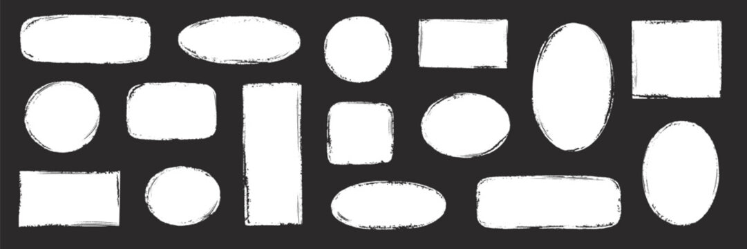 Brush frame rough rectangle box shape set. Text box frame rough grunge square, oval paint shape element. Hand drawn texture grunge brush rectangle, circle round text border. Vector illustration