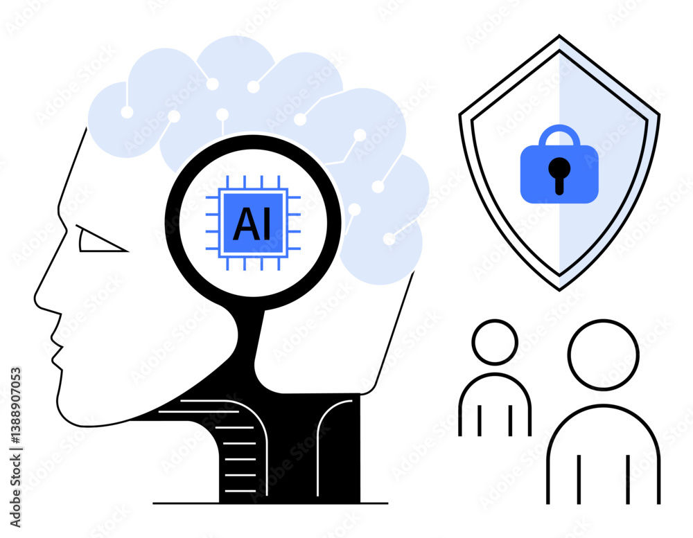Poster side profile of a human head with ai microchip, shield with lock representing cybersecurity, abstrac