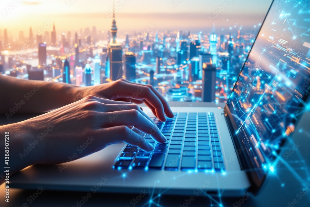 Poster hands typing on a laptop with a futuristic digital interface, glowing data connections, and a city s