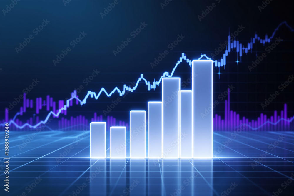 Aufkleber abstract financial growth chart with glowing bars and stock market graph in blue background.