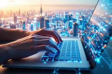 Hands typing on a laptop with a futuristic digital interface, glowing data connections, and a city skyline background at dusk.