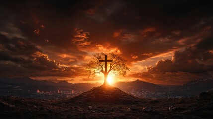 A cross is on top of a tree in a dark sky