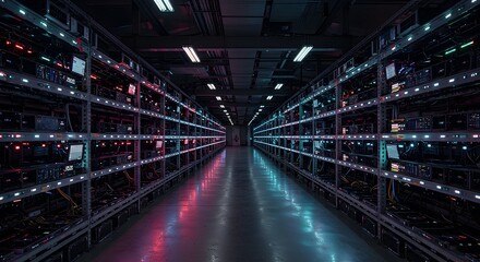 Exploring a Data Center with Rows of Server Racks and Cool Lighting
