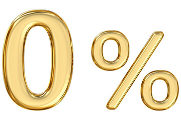 Golden Zero Percent Symbol, gleaming golden zero percent symbol against a neutral background. This image symbolizes the concept of zero in clear, 3d rendering