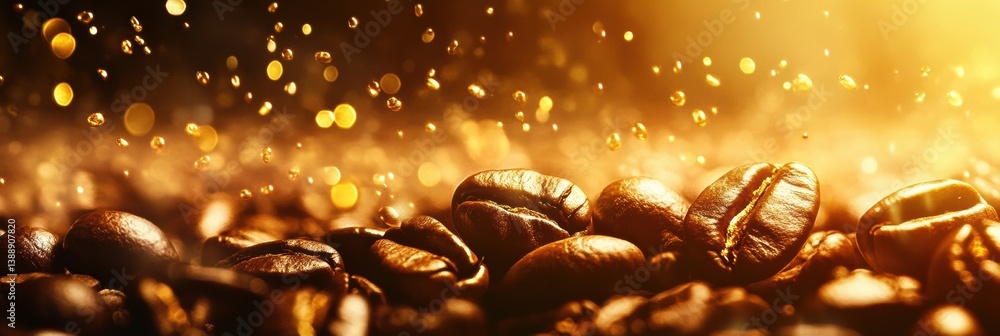 Poster transforming coffee beans into golden drops in a luxurious abstract background with soft glowing lig