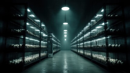 Fototapeta premium Long row of cages in a spacious area creating a unique perspective on animal habitats and their environment