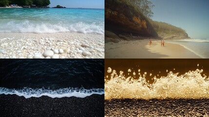 Four diverse beach scenes white pebbles, cave, black sand, sepia waves.