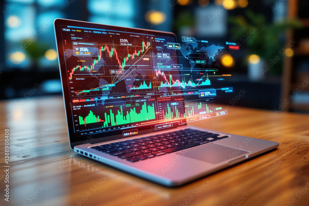 Aufkleber futuristic laptop displaying financial stock market data with holographic charts in a modern office 