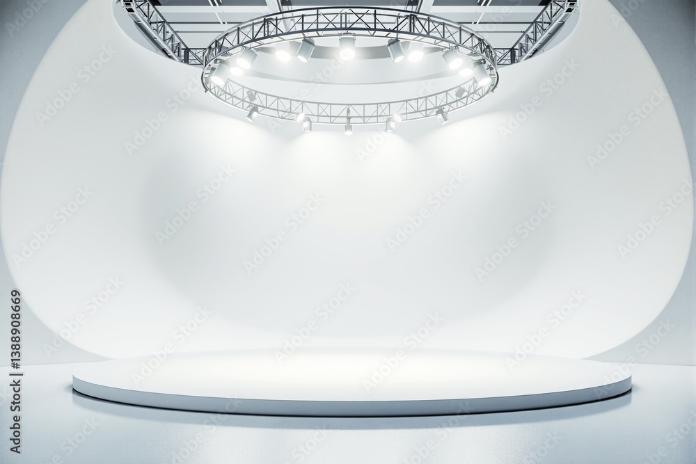 Poster Empty white stage with circular lighting setup.