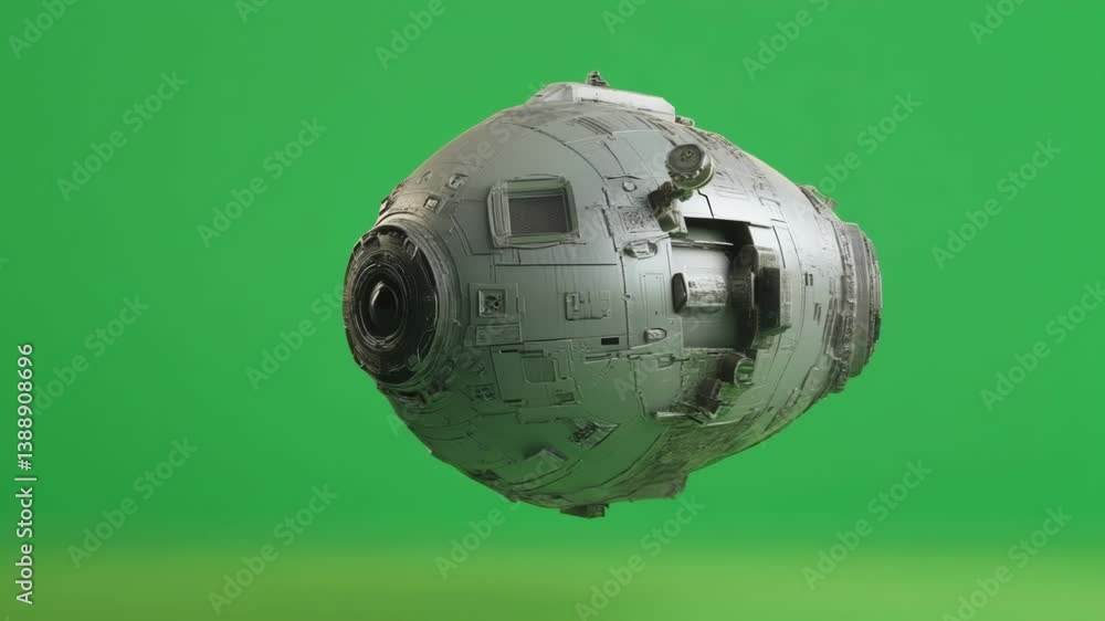 Poster detailed spaceship rotating on green screen, showcasing futuristic engineering design against chroma