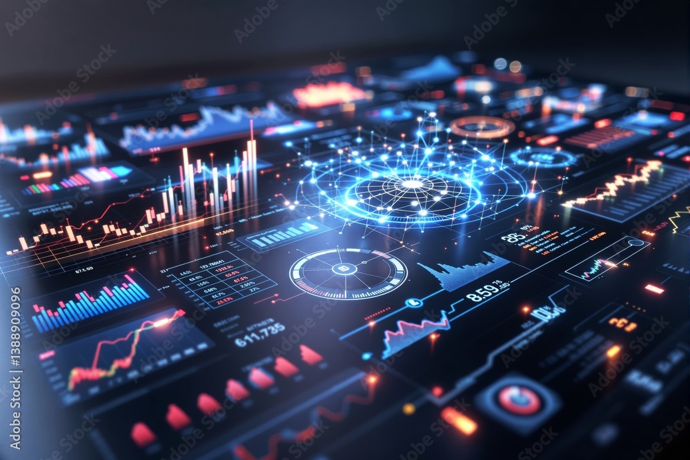 Poster Futuristic financial data dashboard with glowing UI elements and analytics graphs.