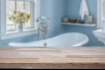 Empty marble top table with blurred bathroom interior Background. for product display.