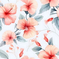 Seamless pattern of watercolor hibiscus flowers soft pastel tones nature floral design aesthetic tranquil