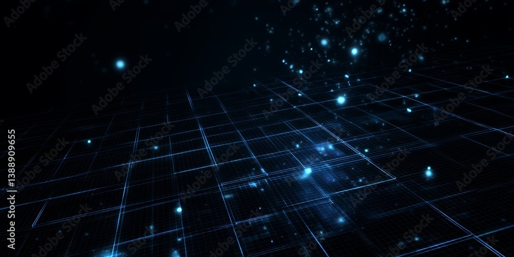 Poster clean dark layout with glowing blue grid and particle effects