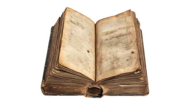 Old Open Book with Yellowed Pages and Worn Cover on White Background