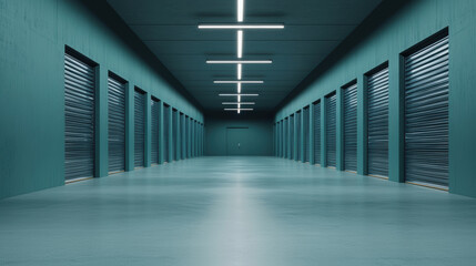 Fototapeta premium modern storage facility with teal walls and closed metal doors under bright ceiling lights