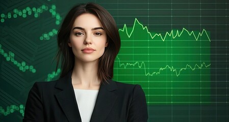 Green stock market chart in finance and technology industry concept. Confident businesswoman in front of a financial graph display.