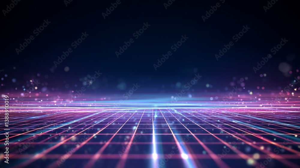 Poster digital horizon with neon grid and luminous particles in background
