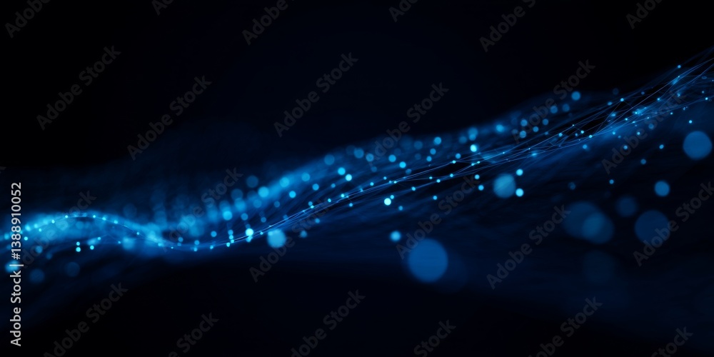 Poster floating blue light lines on dark tech background with depth and movement