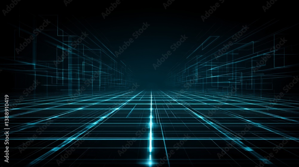 Poster futuristic digital grid with glowing lines and perspective depth