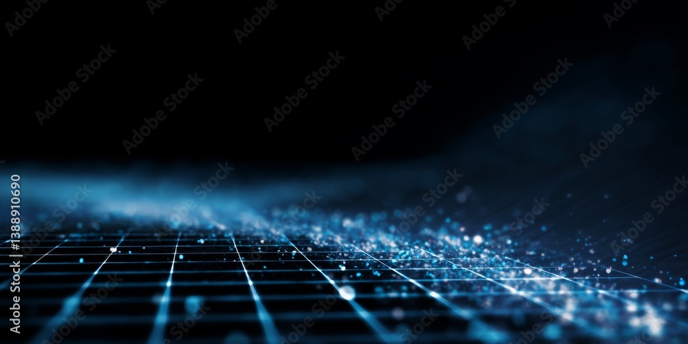 Poster luminous blue grid with soft motion particles fading into darkness