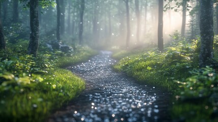 Fototapeta premium Forest path. Sunlight filters through trees onto a stream with bright greenery