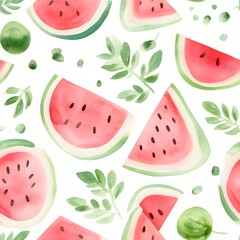 Seamless watermelon pattern design kitchen decor watercolor artwork soft pinks aesthetic viewpoint culinary concept