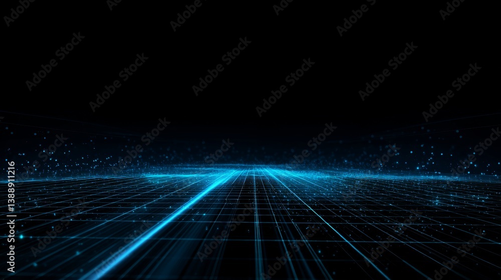 Poster subtle light movement across a digital grid surface in dark background
