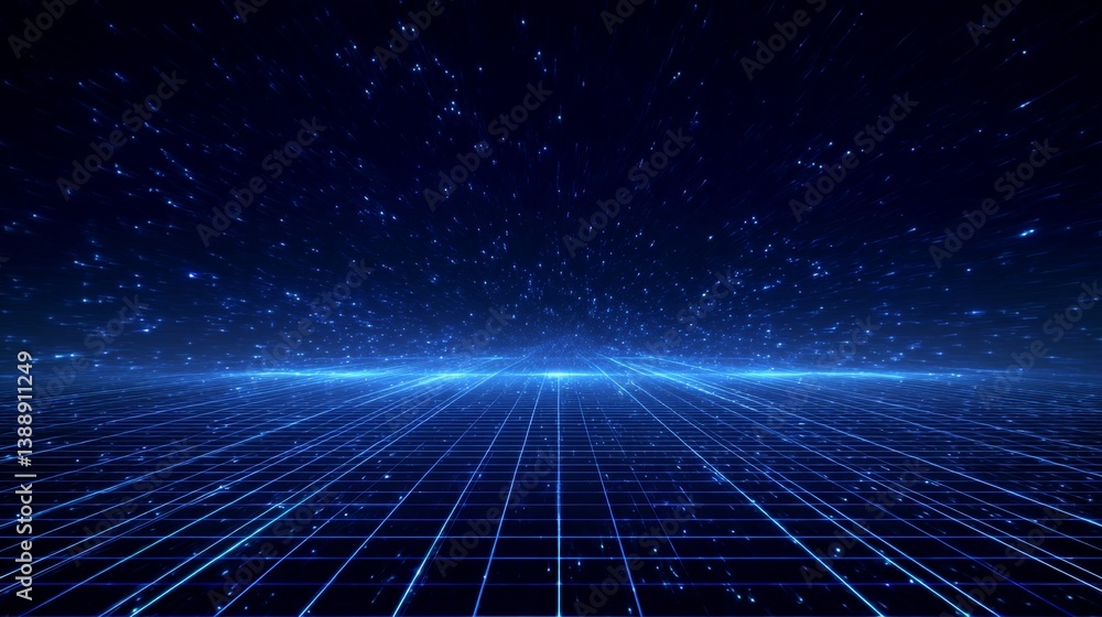 Poster subtle light movement across digital grid surface in dark space