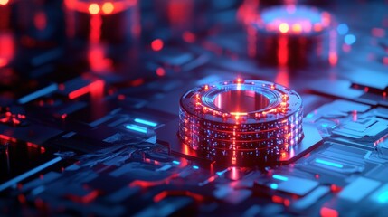 Electronic Circuit Board Close-up with Glowing Light Emitting Diode Elements