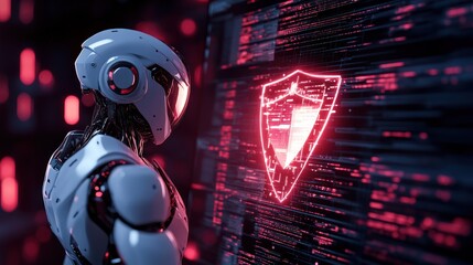 Robot Looking at Digital Shield for Cyber Security and Ai Protection