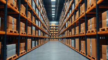 Fototapeta premium modern automated warehouse with organized shelves and stacked boxes, creating sense