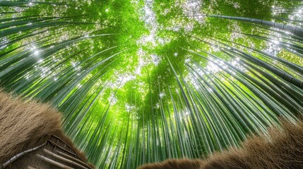 Lush bamboo forest view, looking up, with shack roof foreground, sunny background