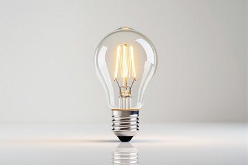 Glowing light bulb on reflective surface, symbolizing creativity and innovation.