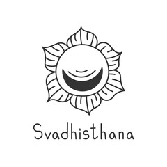 Svadhishthana Chakra Hand drawn Icon with Inscription. Doodle Kundalini Yoga Symbol. Hindu Meditation Line Art Sign with handwritten lettering. Vector illustration