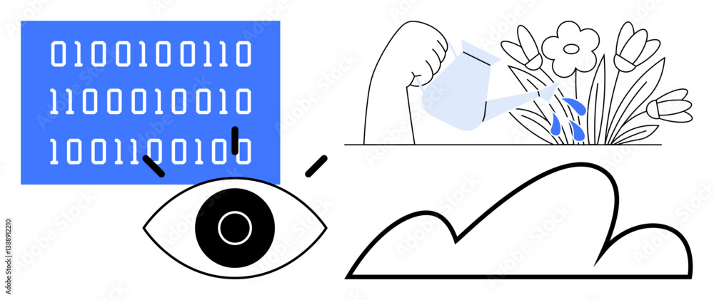 Poster eye analyzing binary code, hand watering flowers with a watering can, abstract shapes. ideal for tec