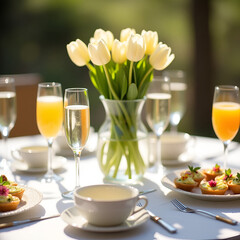 Elegant Easter brunch table with fine china, mimosas, deviled eggs, tulips, and pastel tones in soft natural light