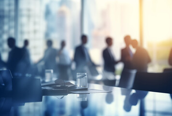 Blurred office scene with business meeting and large window with bright sunlight coming through it  