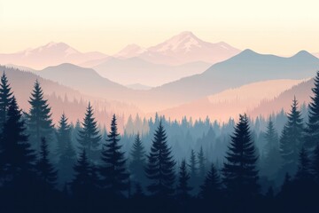 Obraz premium A picturesque landscape painting depicting distant mountains and forest trees