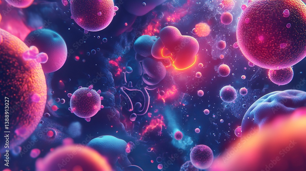 Poster microscopic view of cells and molecules with glowing edges in a purple and blue color scheme