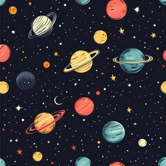 A delightful and colorful pattern of planets and stars floating freely